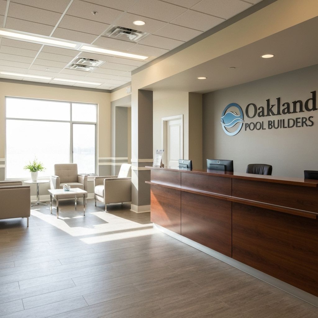 Oakland Pool Builders office interior with company logo and branding on wall