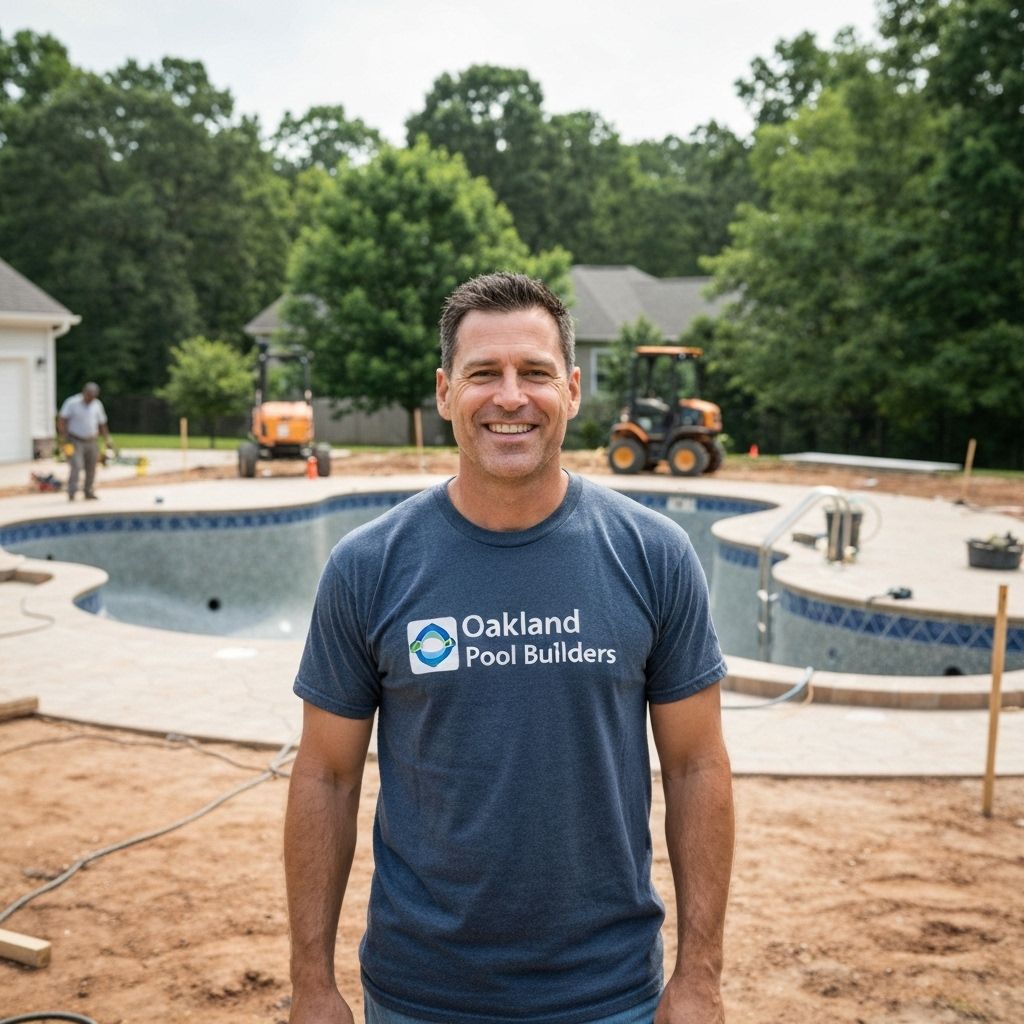 Joseph Williams, owner of Oakland Pool Builders, wearing company branded shirt