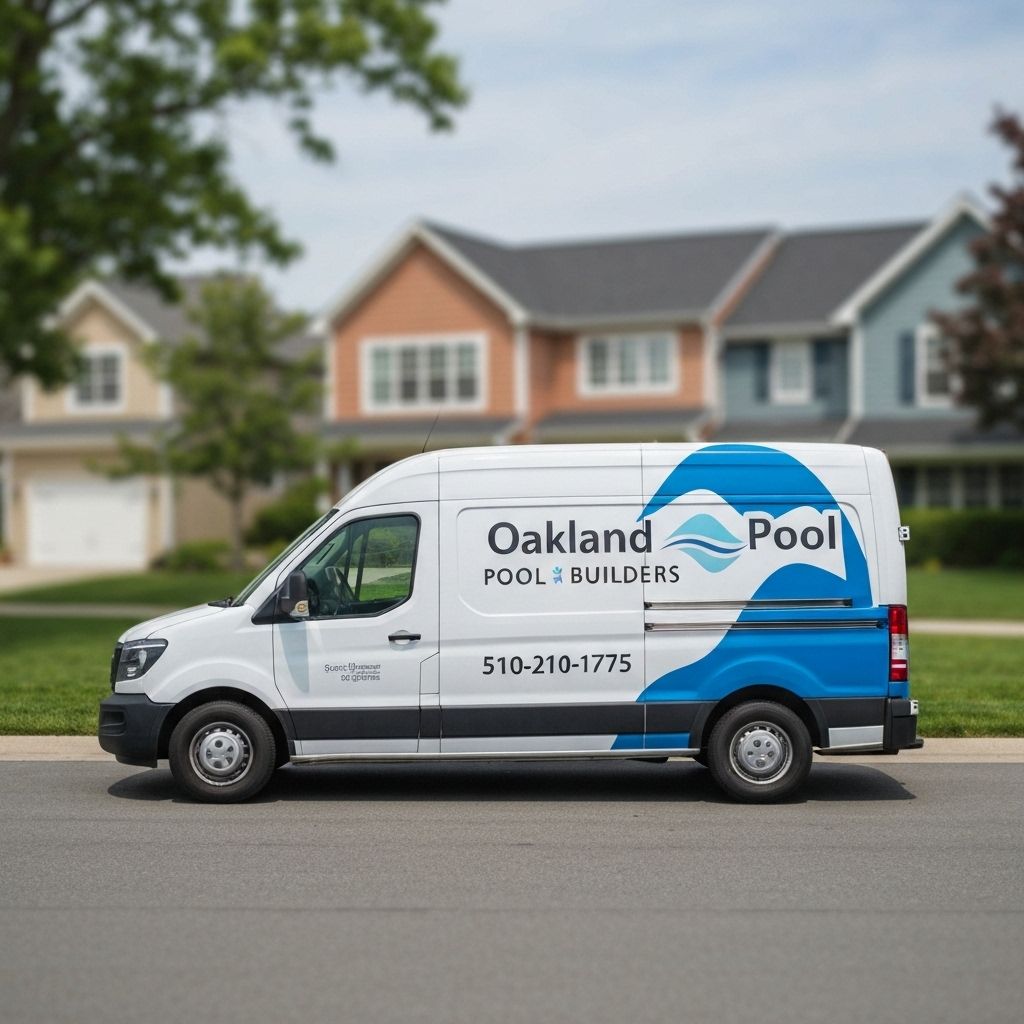 Oakland Pool Builders service van with company branding and contact number